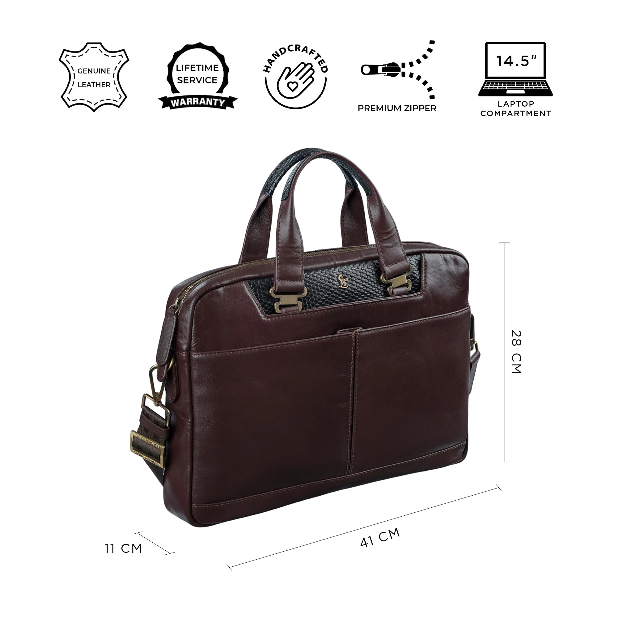 Fortune Series Single Zipper Leather Portfolio Bag for Men | Genuine Leather Laptop Bag | Color: Brown & Black