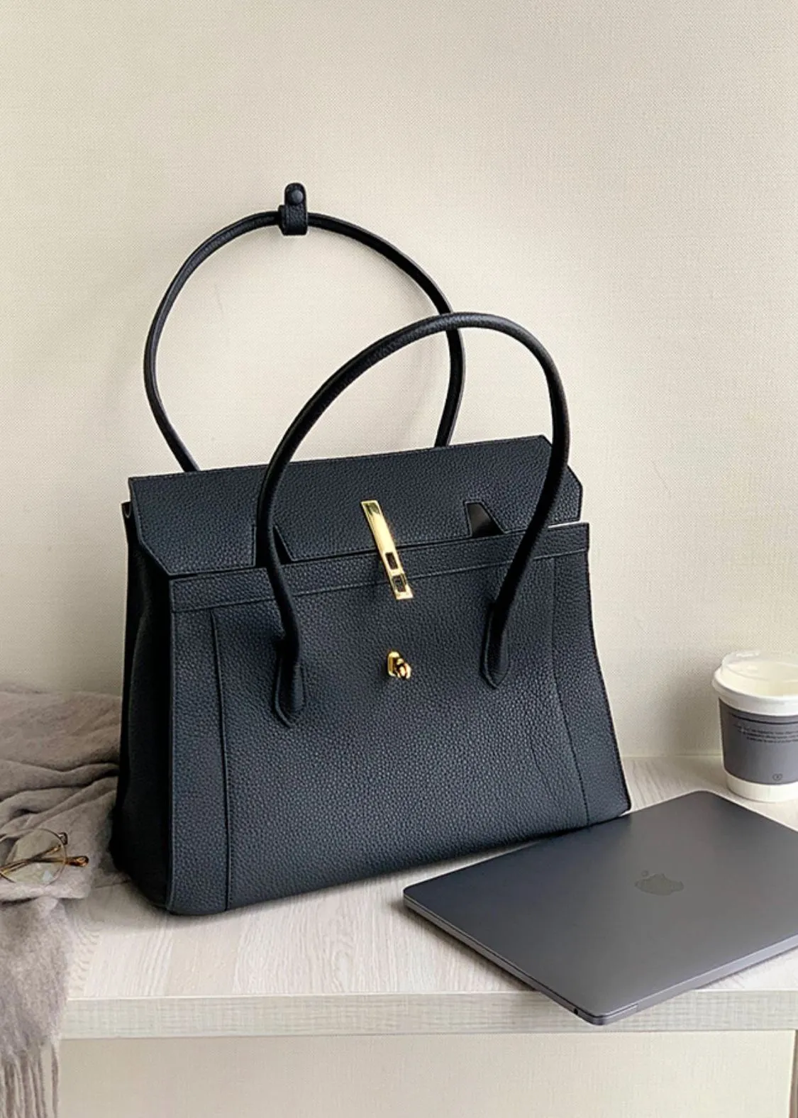 Full Grain Leather Flap Buckle Tote Bag