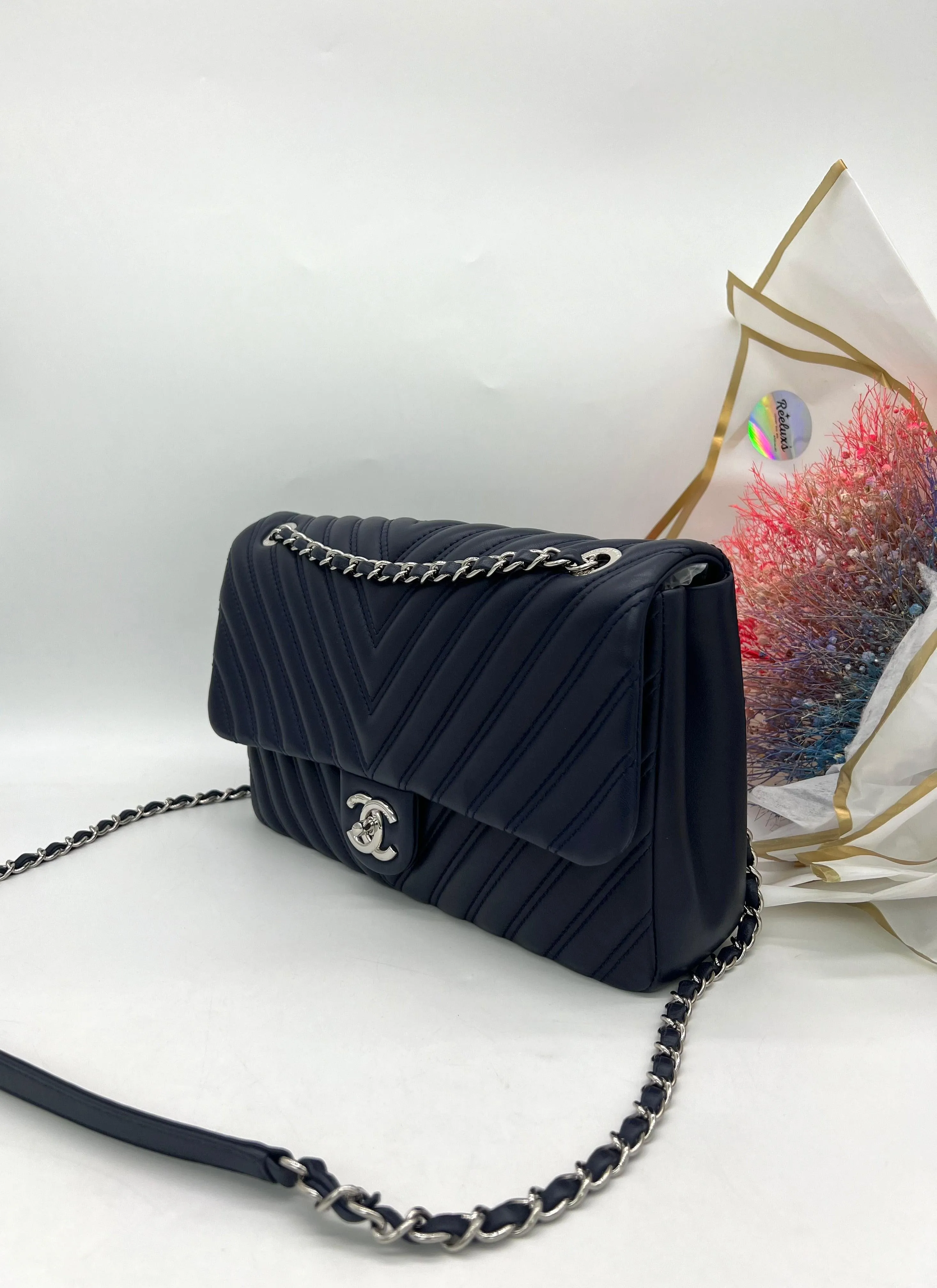 Full Set As New CHANEL Big Navy Chevron Single Flap Bag Women's Shoulder Bag