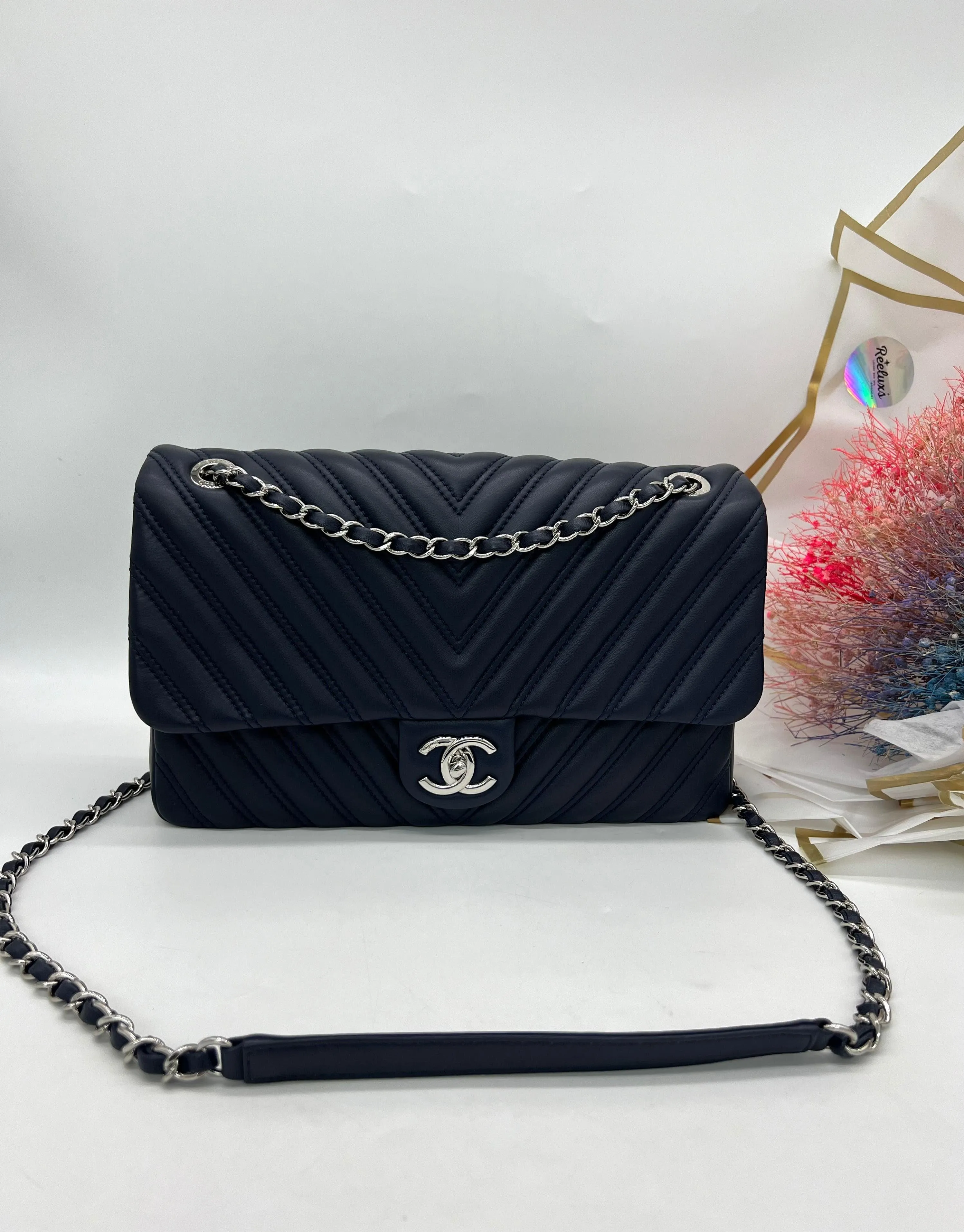 Full Set As New CHANEL Big Navy Chevron Single Flap Bag Women's Shoulder Bag