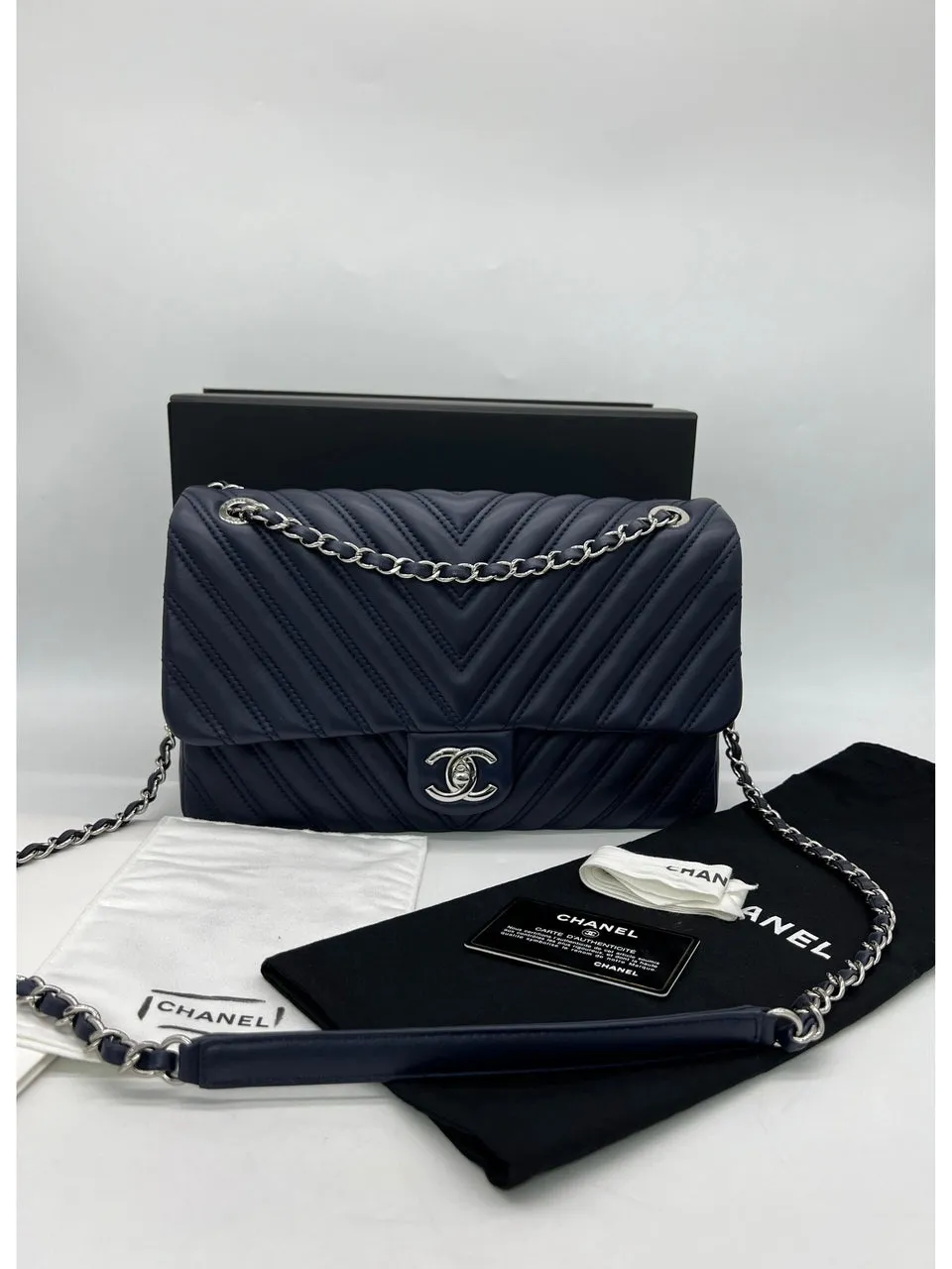 Full Set As New CHANEL Big Navy Chevron Single Flap Bag Women's Shoulder Bag