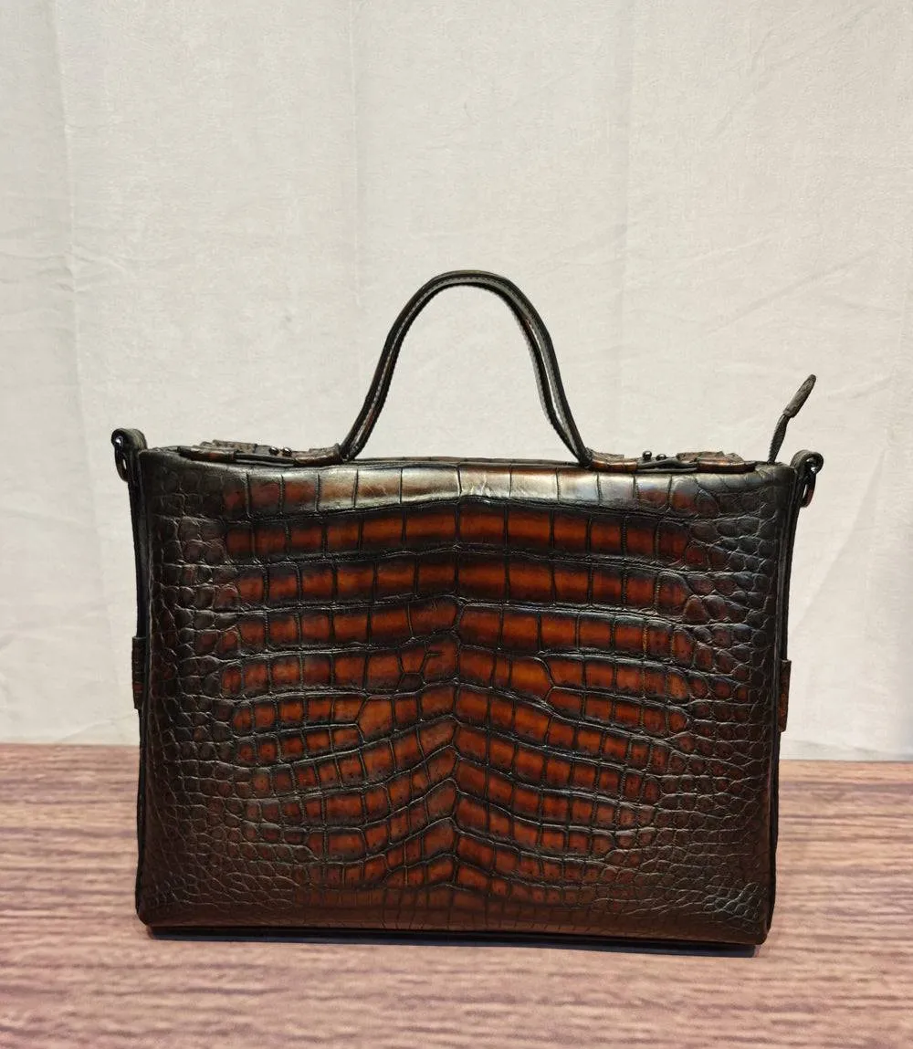 Genuine Crocodile Leather Briefcase Vintage Brown