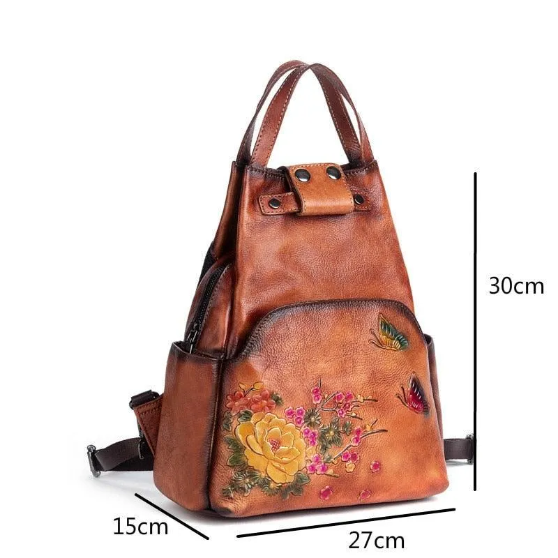 Genuine Leather Embossed Shoulder Bag Womens Backpack Retro