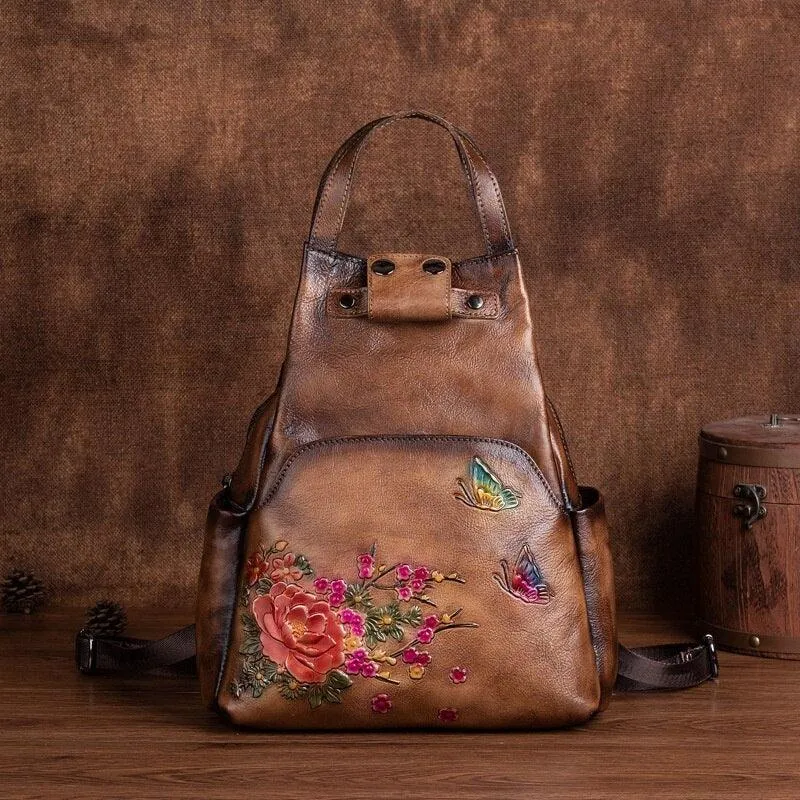 Genuine Leather Embossed Shoulder Bag Womens Backpack Retro