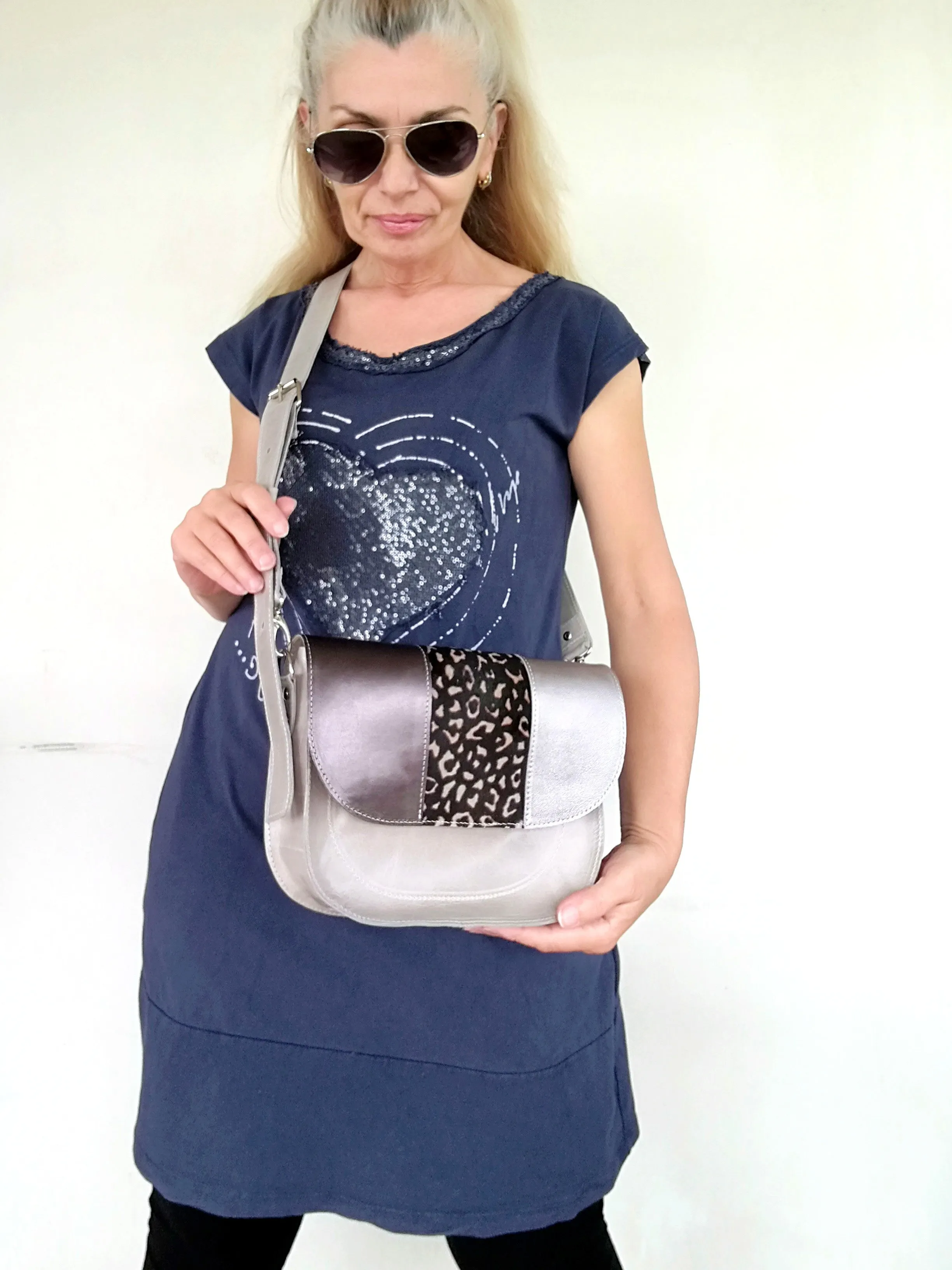 Gray Leather Saddle Bag Italian Leather Crossbody Bag