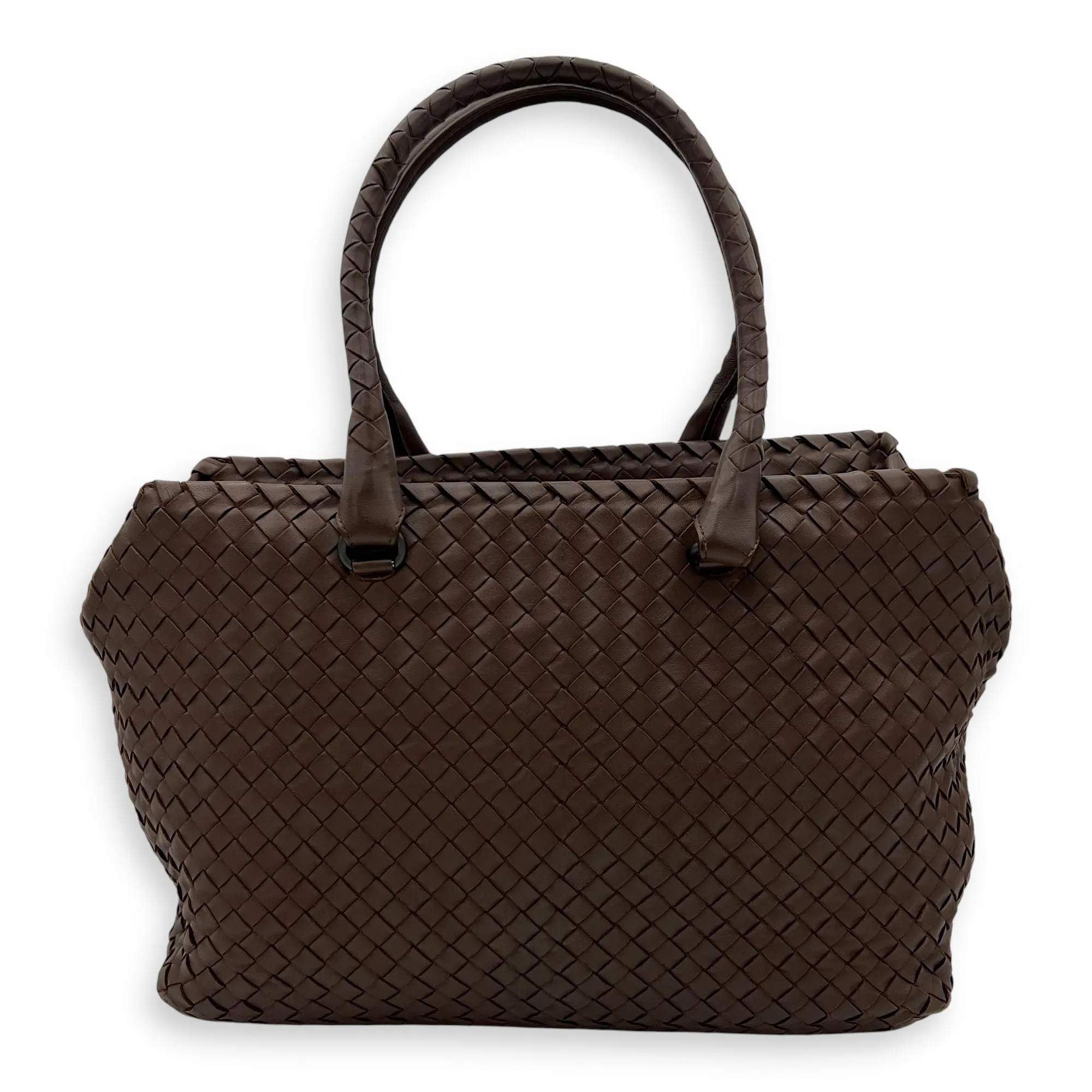 Intrecciato Shoulder Bag Brown in Lambskin, Gunmetal hardware