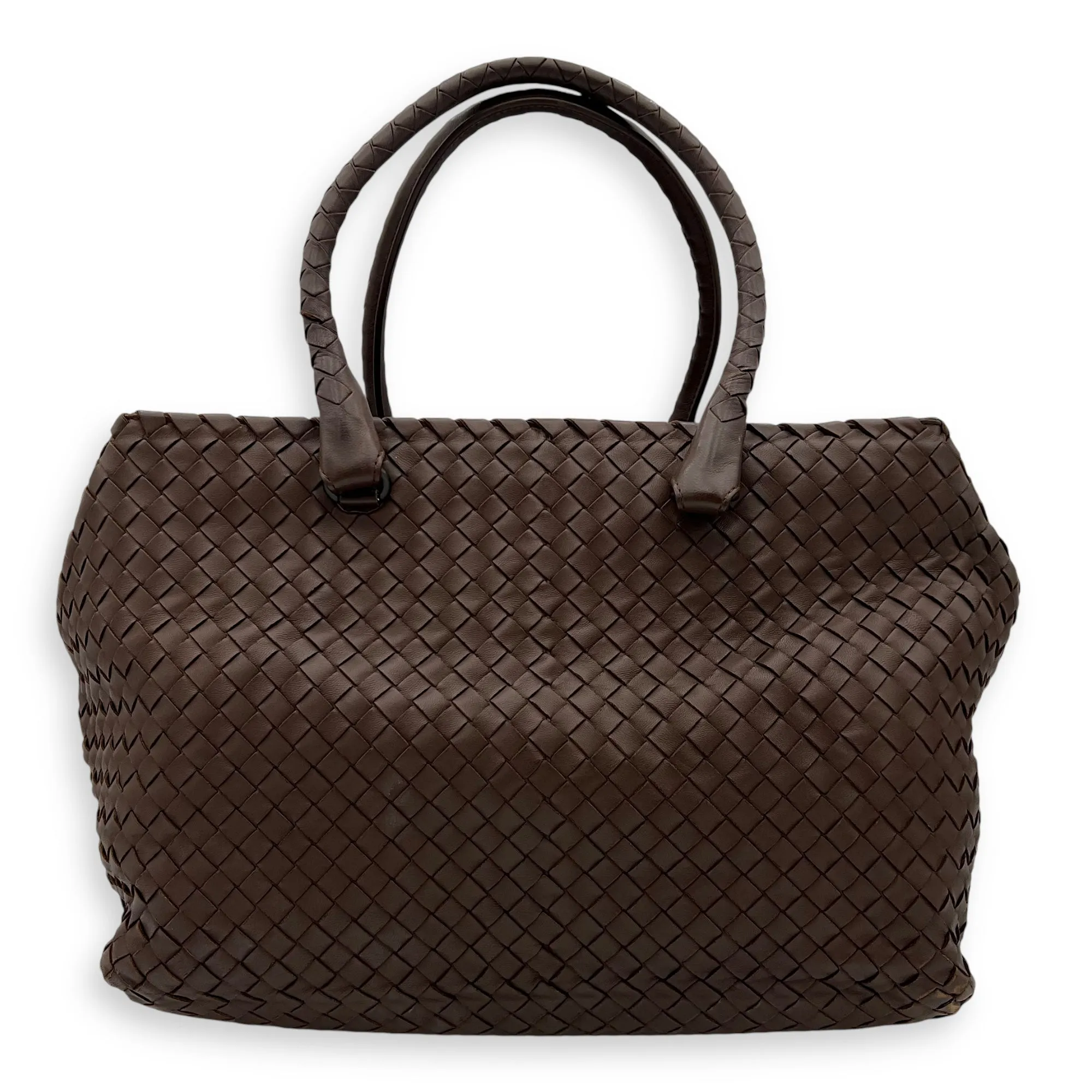 Intrecciato Shoulder Bag Brown in Lambskin, Gunmetal hardware