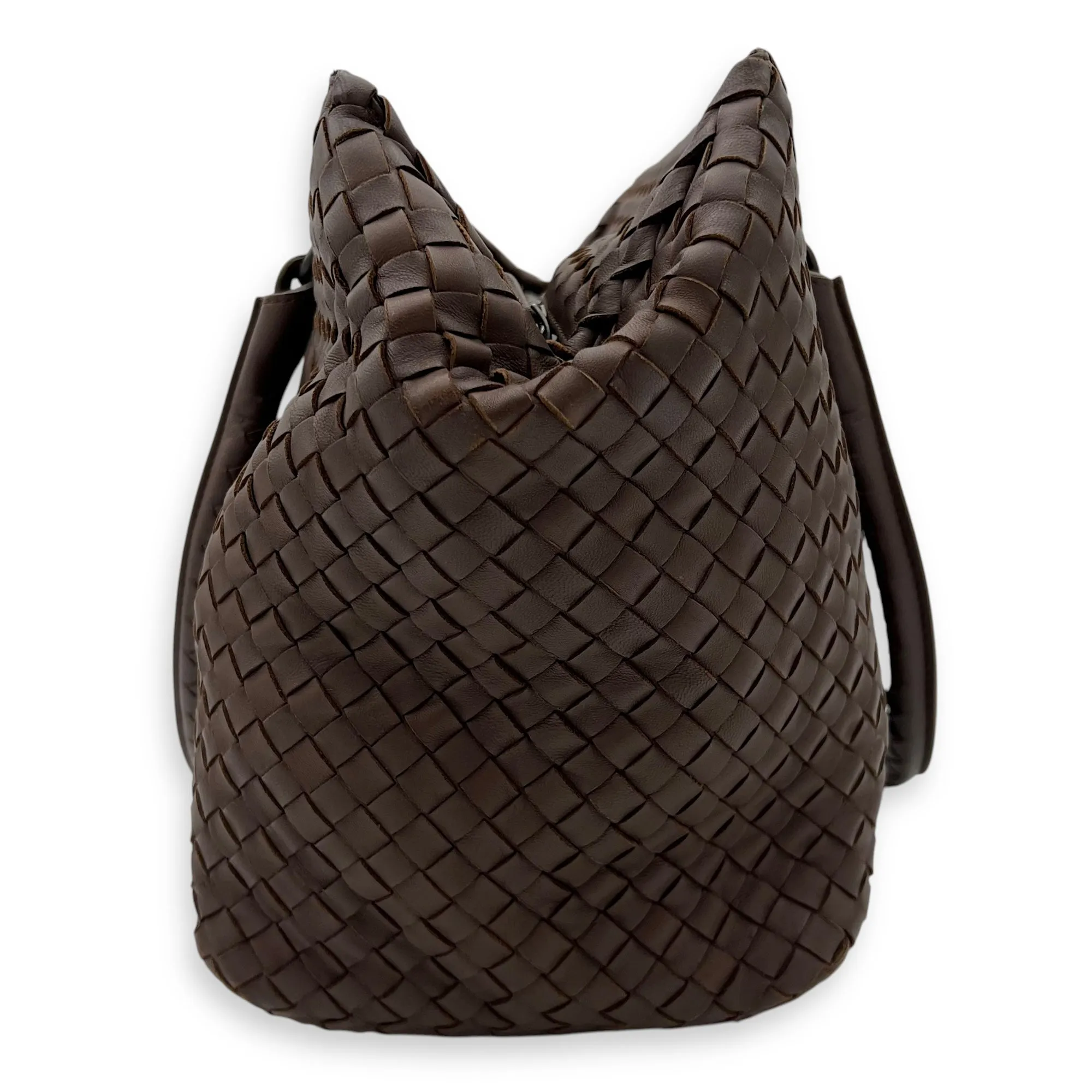 Intrecciato Shoulder Bag Brown in Lambskin, Gunmetal hardware