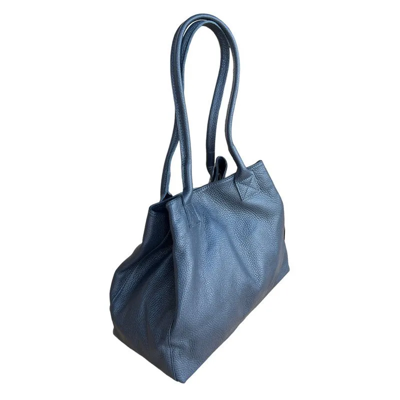 Italian Leather Expandable Tote Bag in Navy