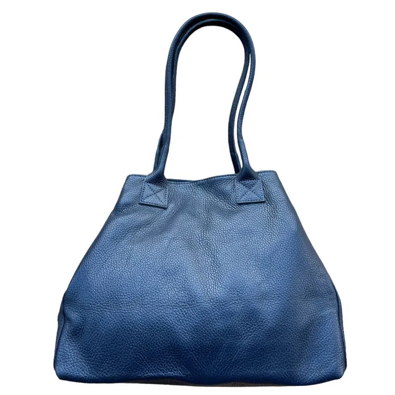 Italian Leather Expandable Tote Bag in Navy