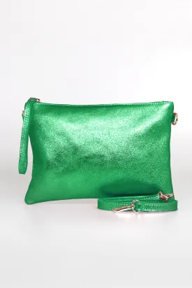 Jenna - Italian Leather Clutch Bag - Bright Green, Metallic