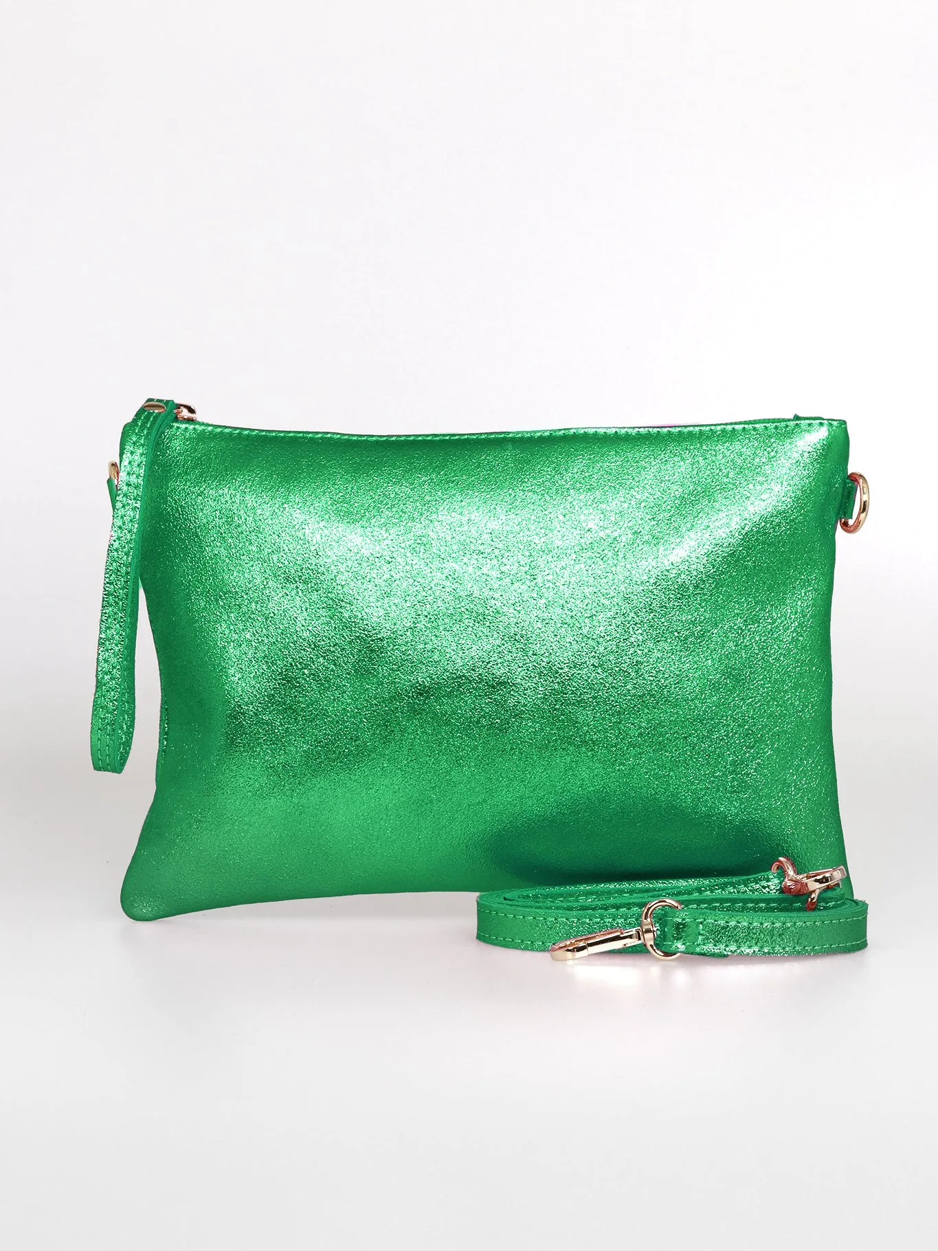 Jenna - Italian Leather Clutch Bag - Bright Green, Metallic