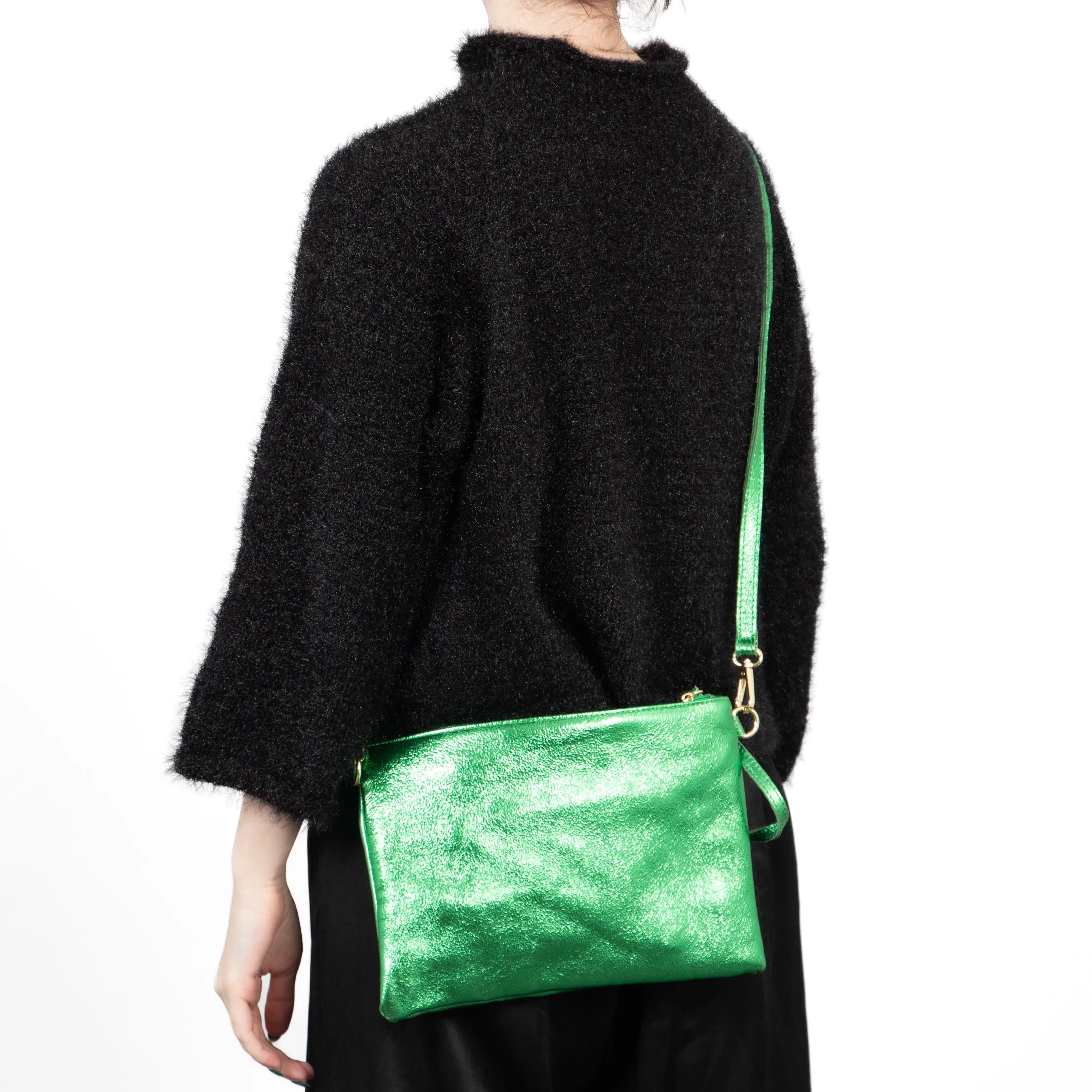 Jenna - Italian Leather Clutch Bag - Bright Green, Metallic