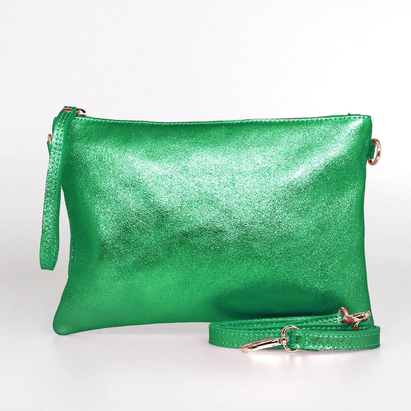 Jenna - Italian Leather Clutch Bag - Bright Green, Metallic