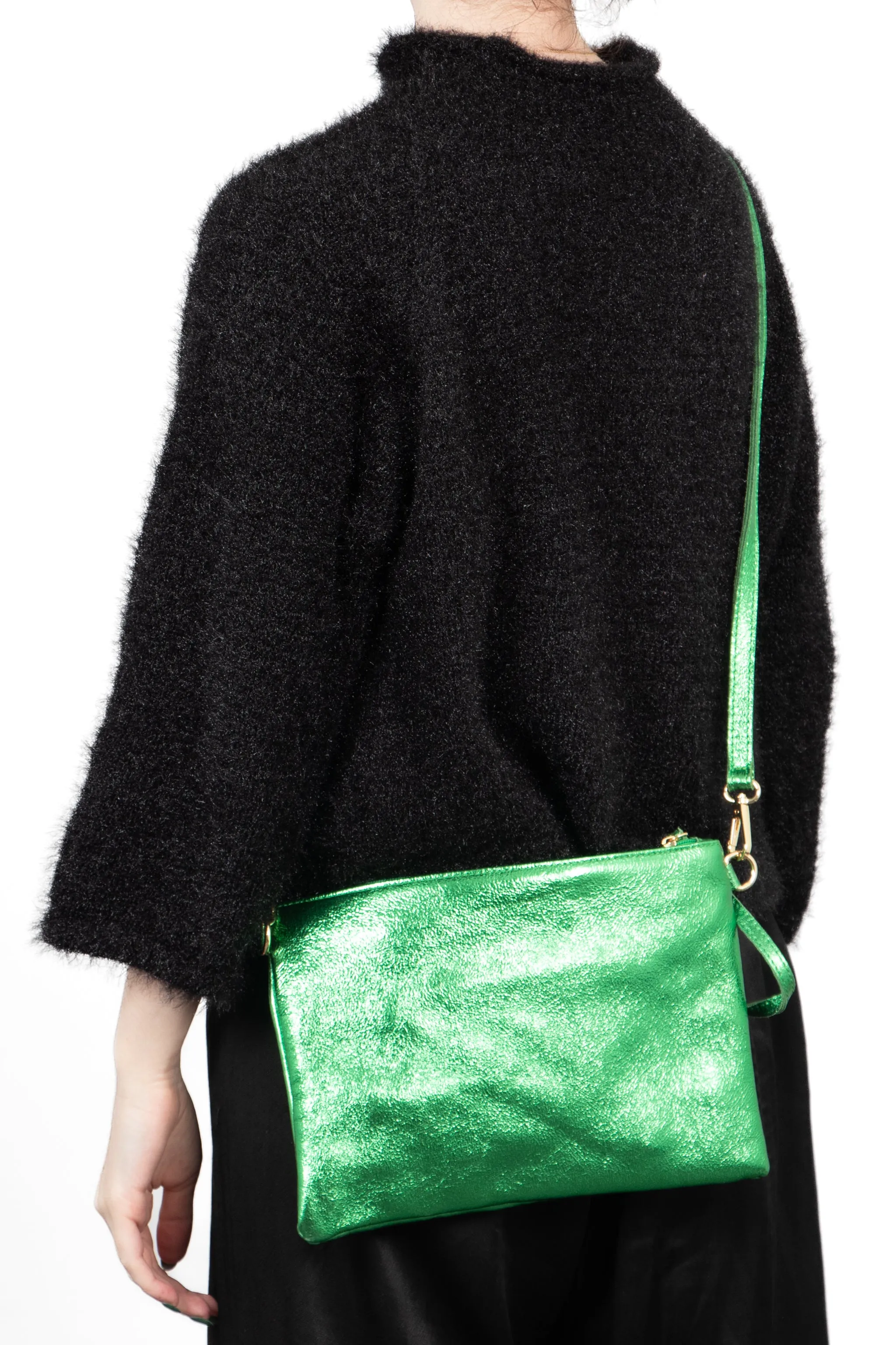 Jenna - Italian Leather Clutch Bag - Bright Green, Metallic