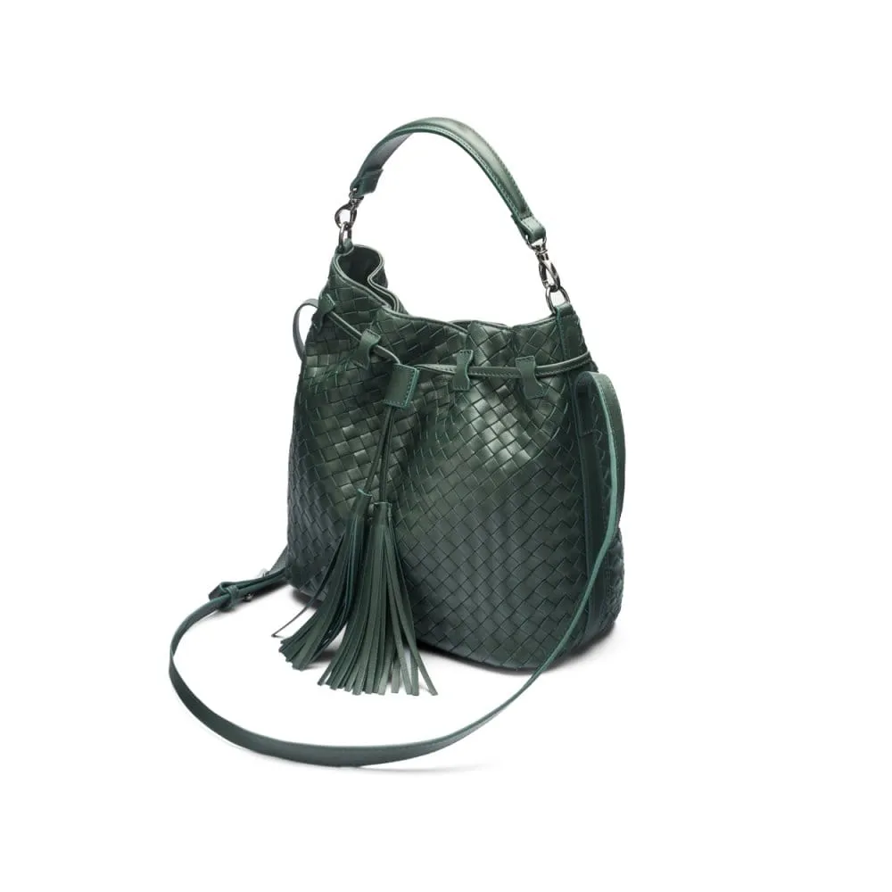 Kelly Woven Leather Bucket Bag - Green