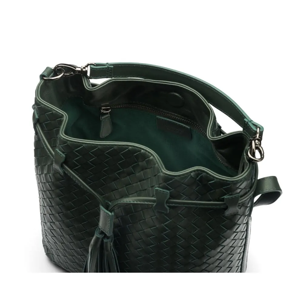 Kelly Woven Leather Bucket Bag - Green