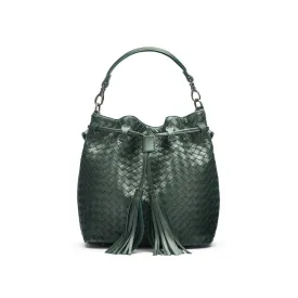 Kelly Woven Leather Bucket Bag - Green