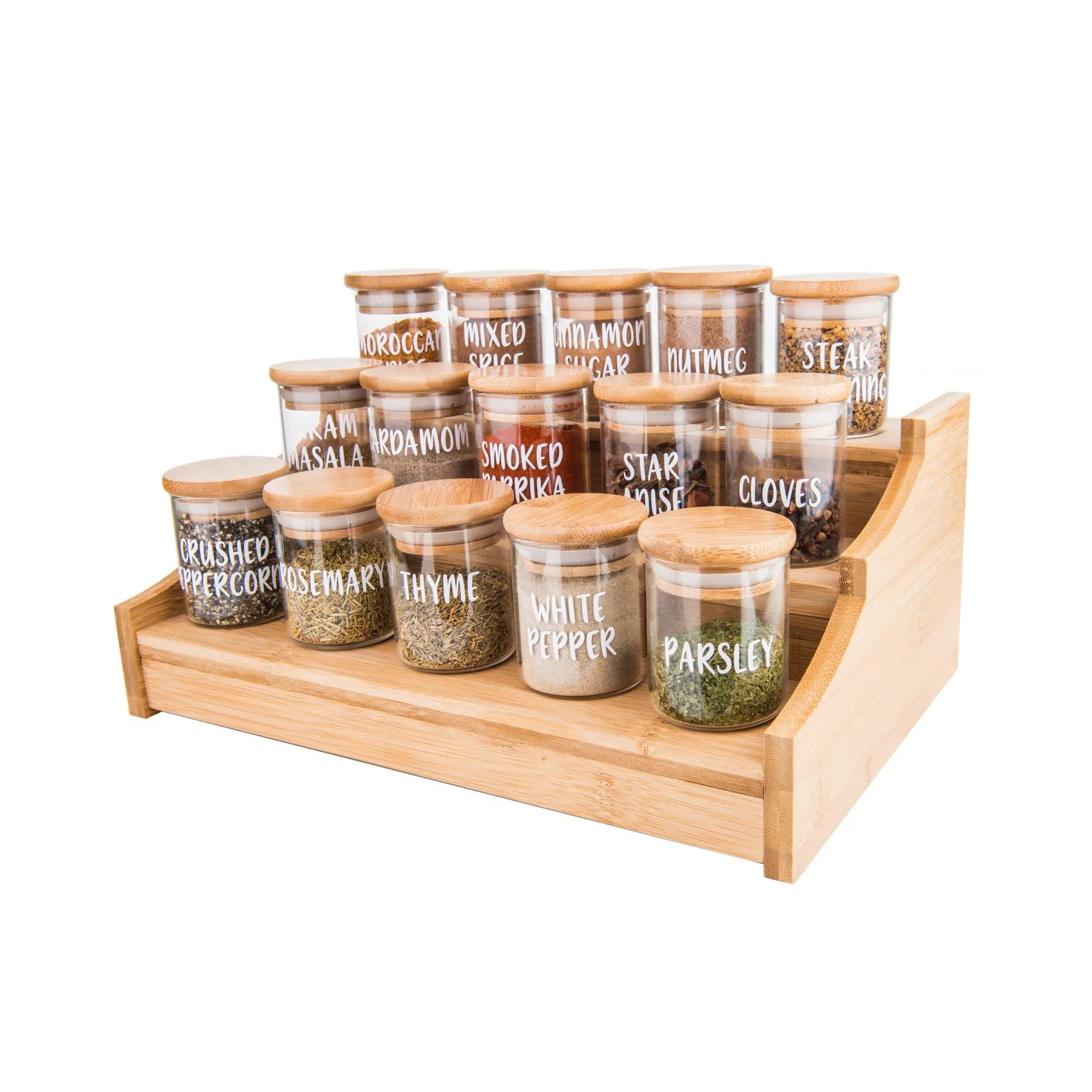 Large Bamboo Shelf with 15 x 75ml Herb & Spice Jars Pack