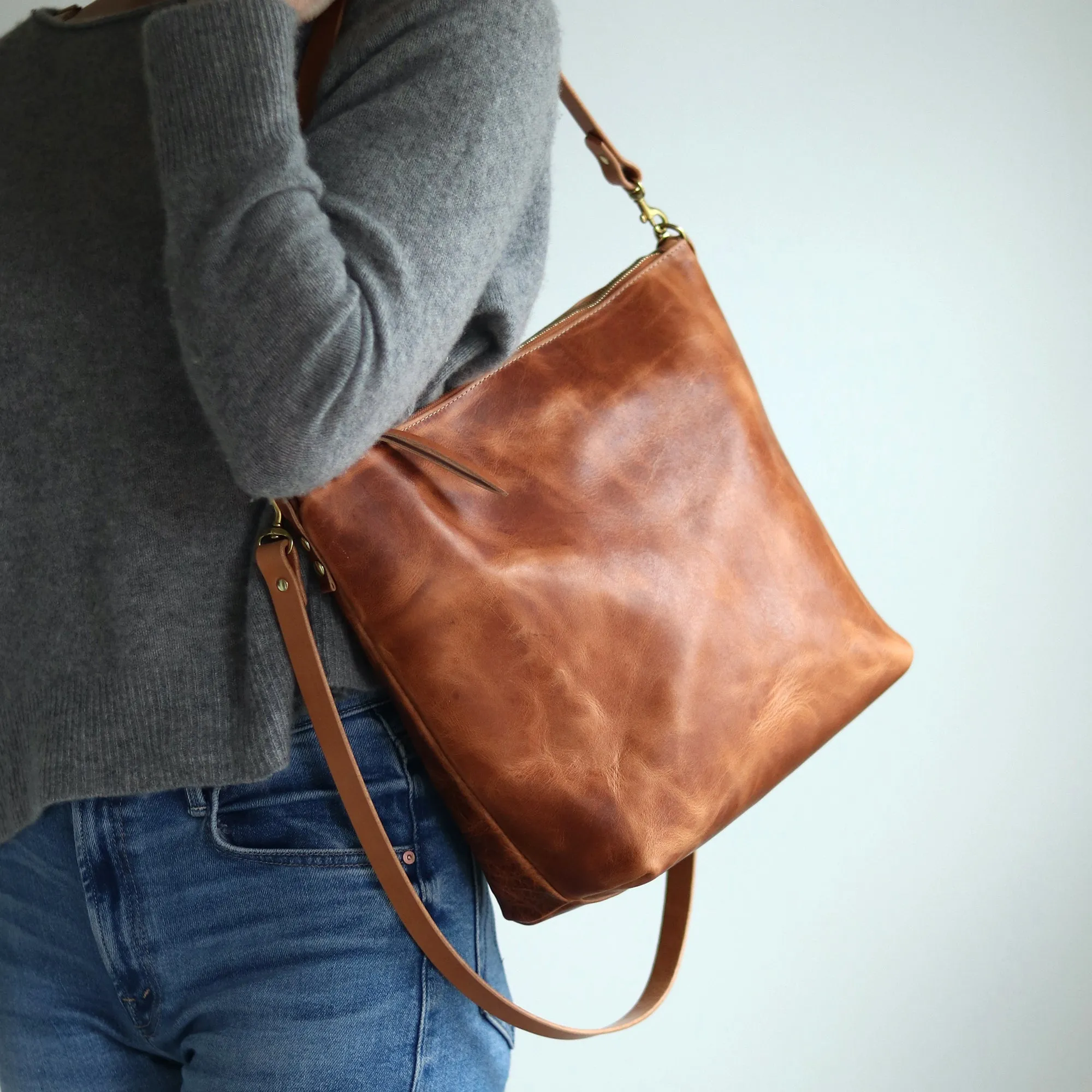 Large Slouchy Hobo Crossbody - Distressed Brown