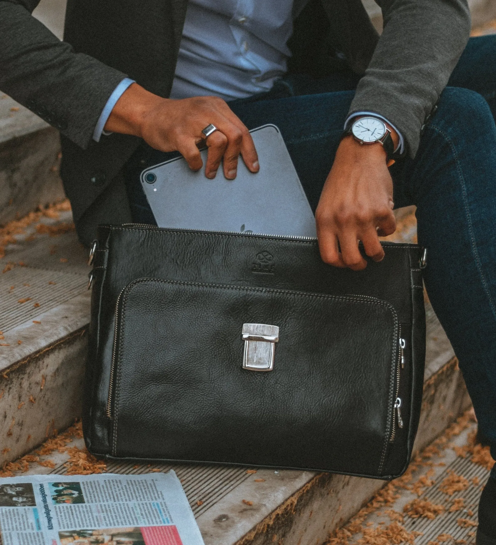 Leather Briefcase Laptop Bag  - In Cold Blood