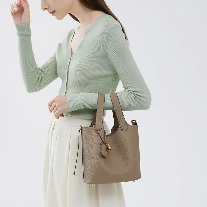 LuxeLeather Chic Closure Bucket Bag