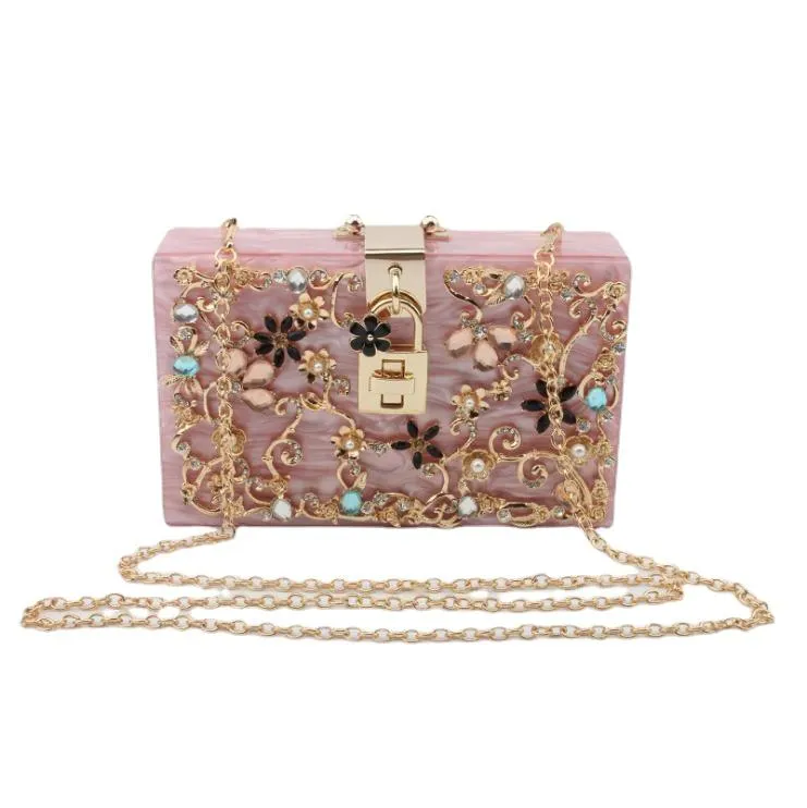 Luxury Trendy Women's Acrylic Box Clutch With Crystal Floral Pattern For Wedding Party