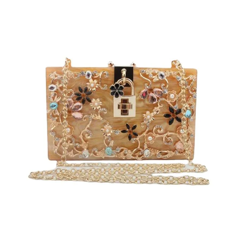 Luxury Trendy Women's Acrylic Box Clutch With Crystal Floral Pattern For Wedding Party