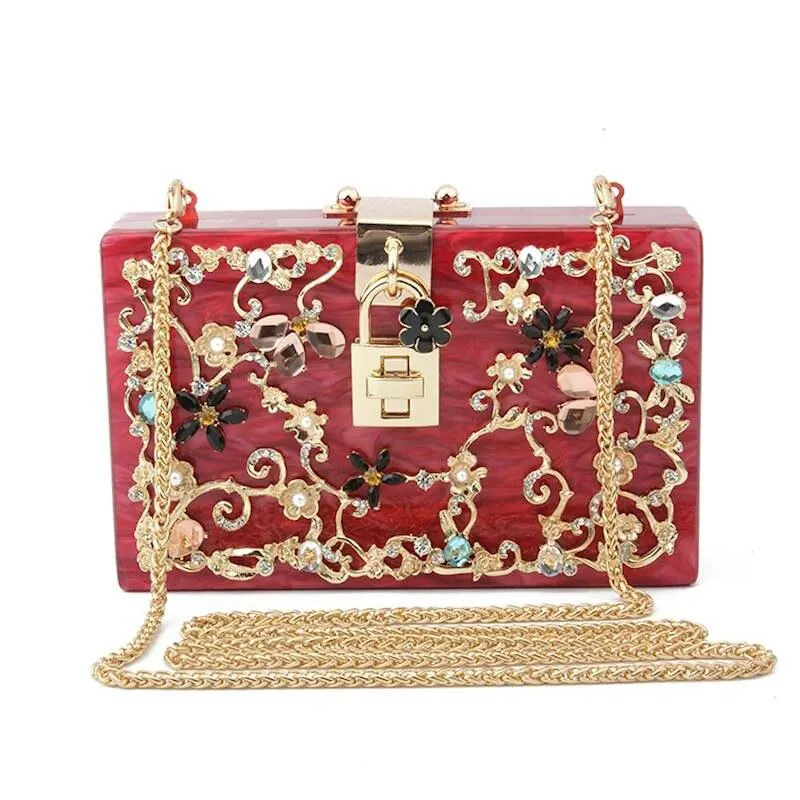 Luxury Trendy Women's Acrylic Box Clutch With Crystal Floral Pattern For Wedding Party