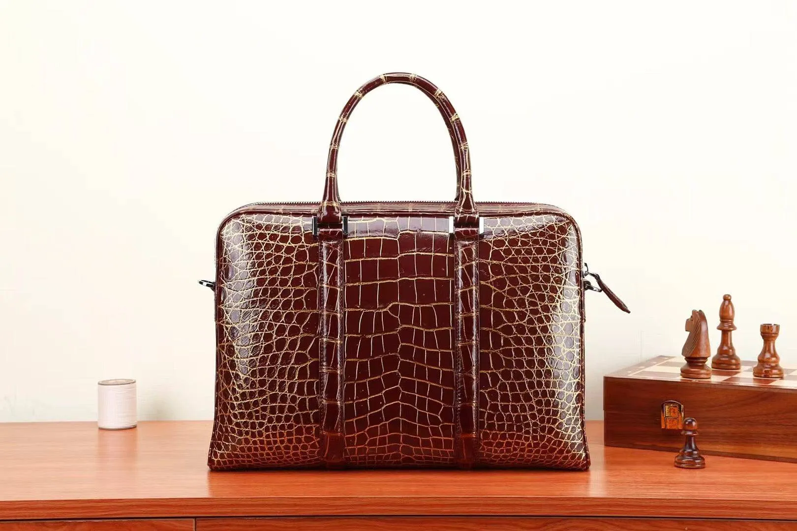 Mens Crocodile Skin Leather Briefcase Brown