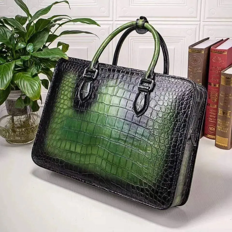 Mens Vintage Crocodile Leather Briefcase Laptop Bag