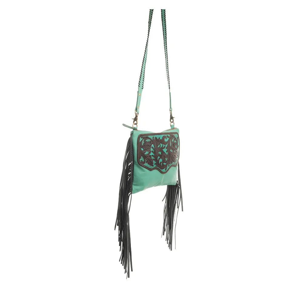 Millstone Fringed Hand-Tooled Bag in Teal