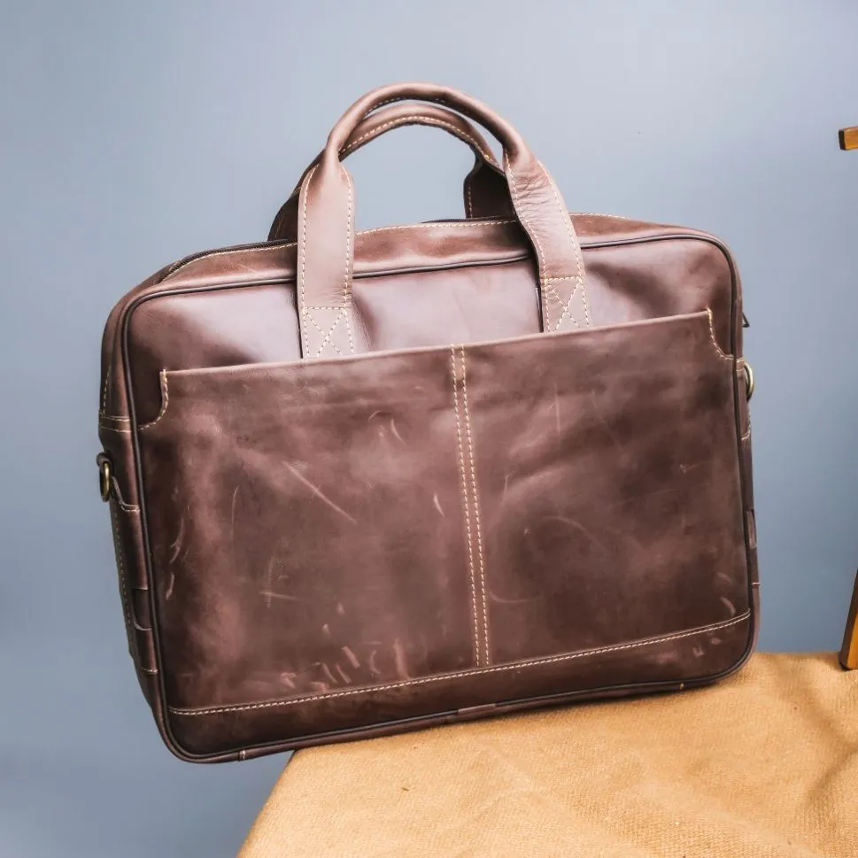 Oxford Pure Dark Brown Leather Vintage Business Laptop Bag