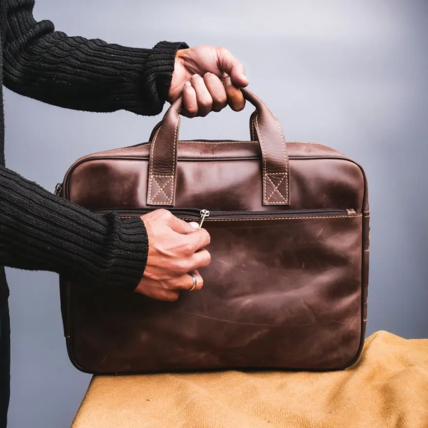 Oxford Pure Dark Brown Leather Vintage Business Laptop Bag