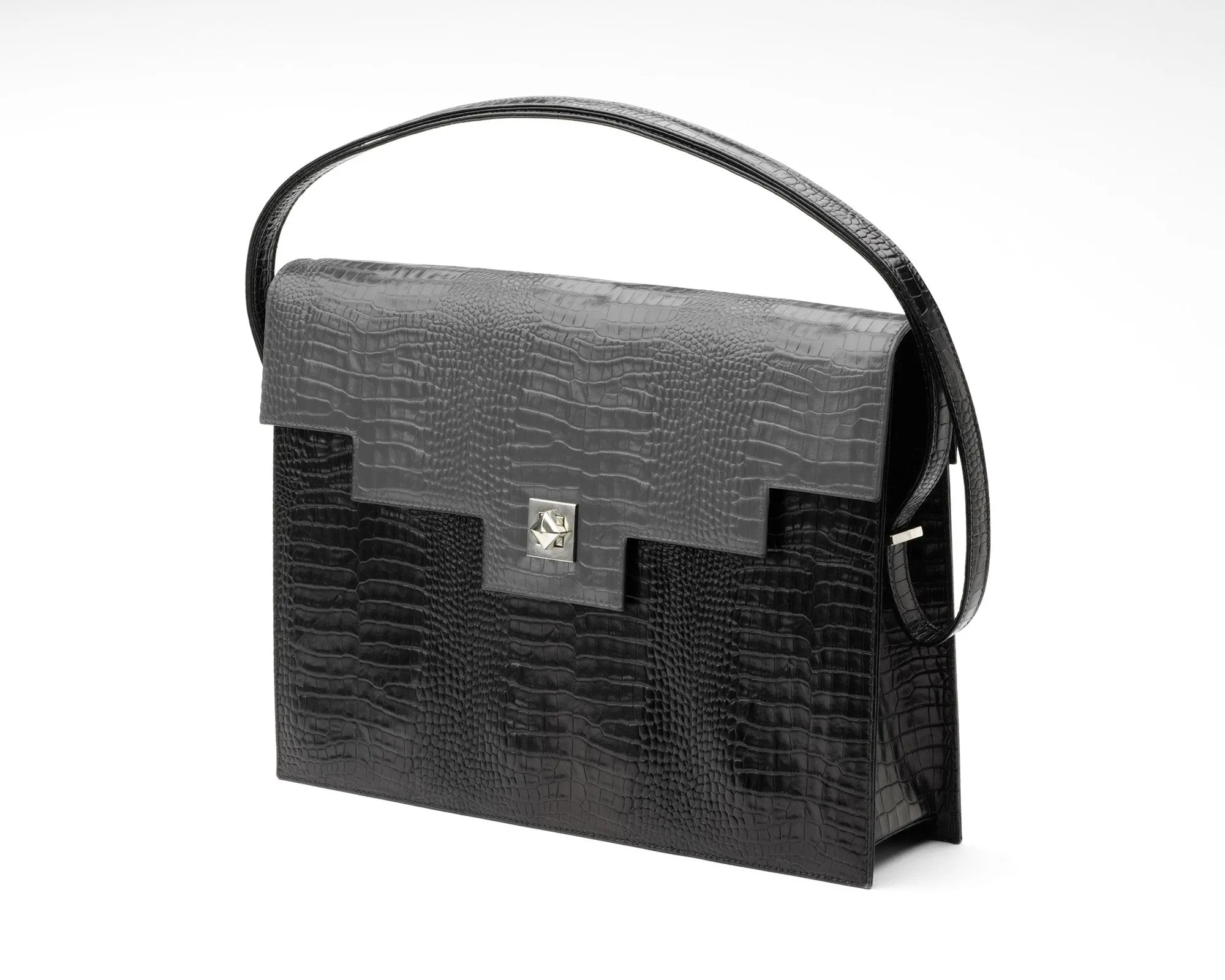 Quoin Briefcase - Black Croc with additional Flap