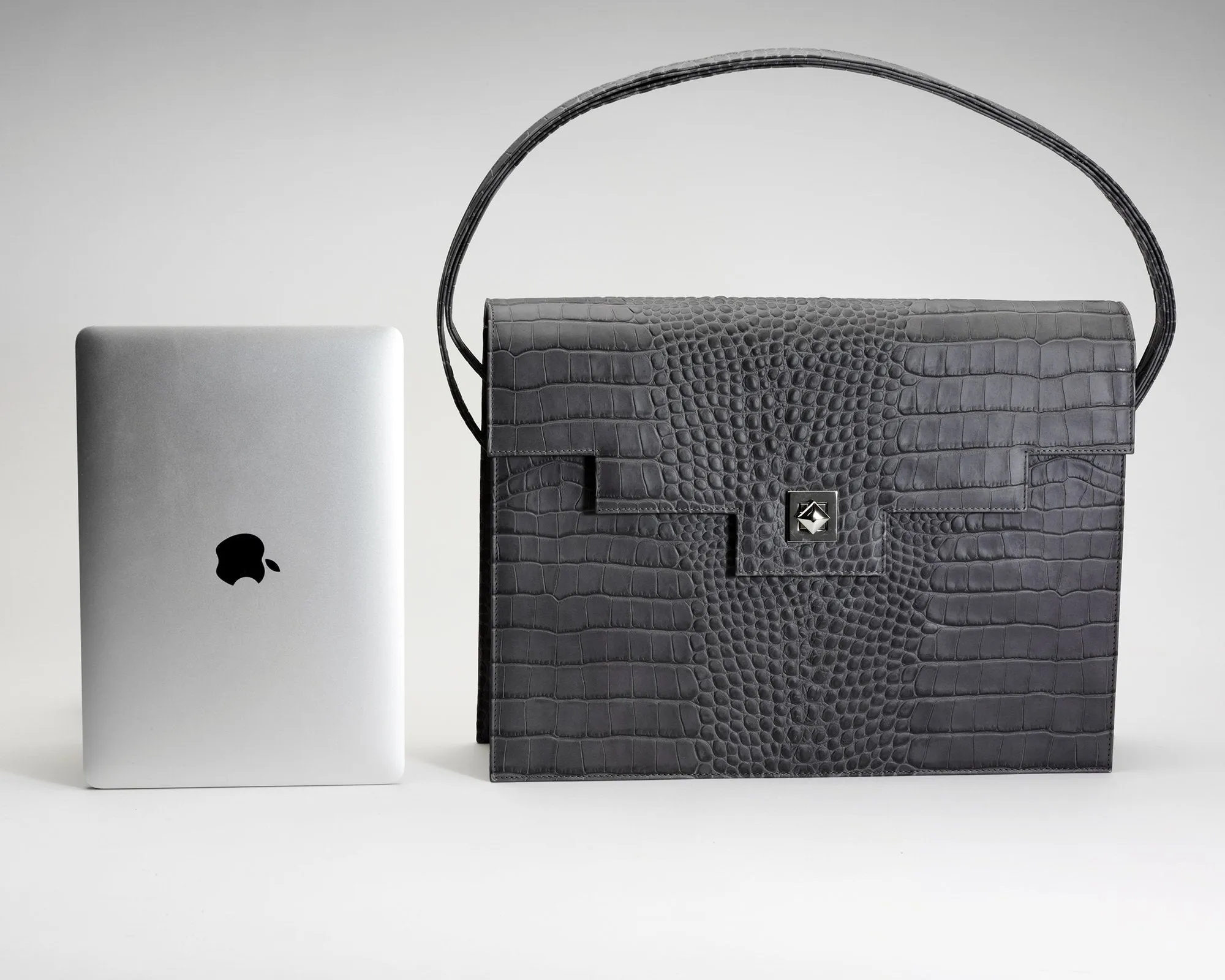 Quoin Briefcase - Black Croc with additional Flap