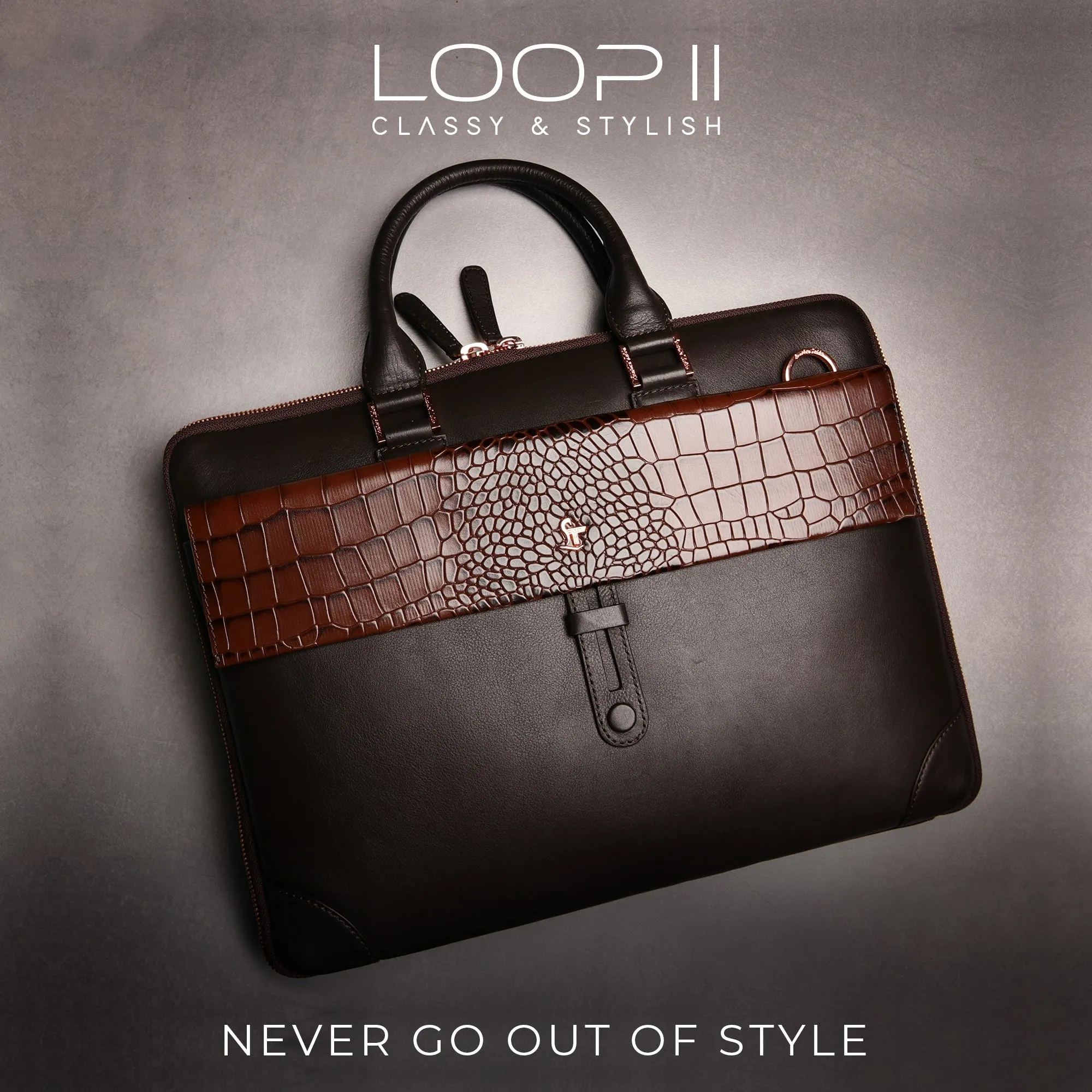 Ready to Ship Luxury Corporate Gift |  Loop II Rose Gold Fitting Leather Laptop Bag for Men | Brown