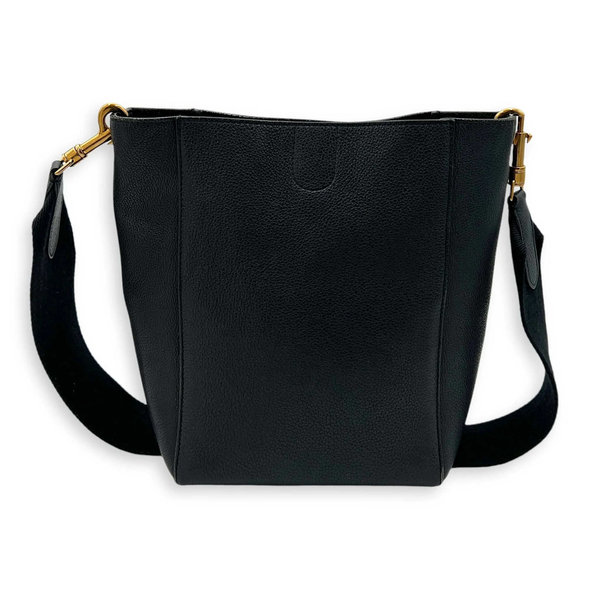 Sangle Small Black Bucket Bag in Calfskin, Gold hardware