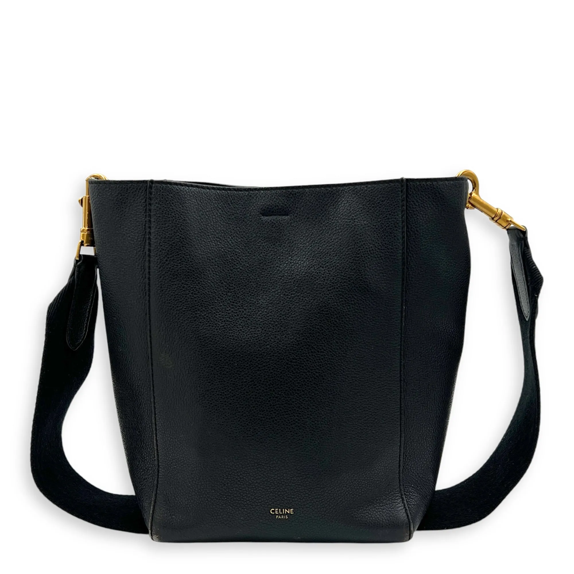 Sangle Small Black Bucket Bag in Calfskin, Gold hardware