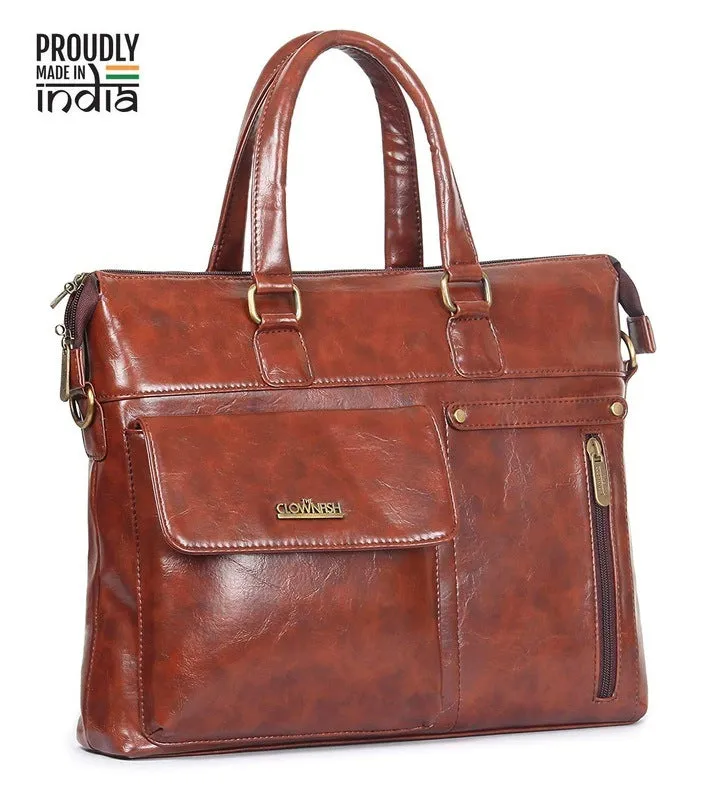 The CLOWNFISH Avenue Series Laptop Briefcase - Faux Leather, Adjustable Strap | 14 inch | Tan