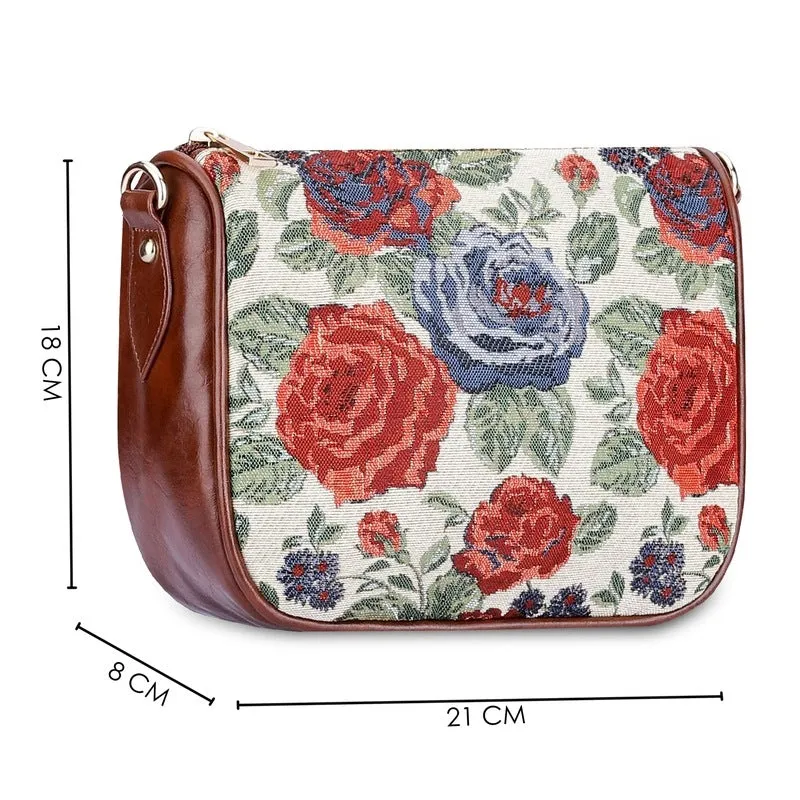 THE CLOWNFISH Garnet Series Tapestry Fabric Crossbody Sling Bag for Women Ladies Single Shoulder Bag Shoulder Belt (Red-Floral)