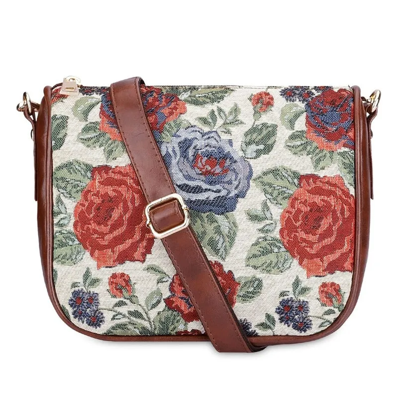 THE CLOWNFISH Garnet Series Tapestry Fabric Crossbody Sling Bag for Women Ladies Single Shoulder Bag Shoulder Belt (Red-Floral)