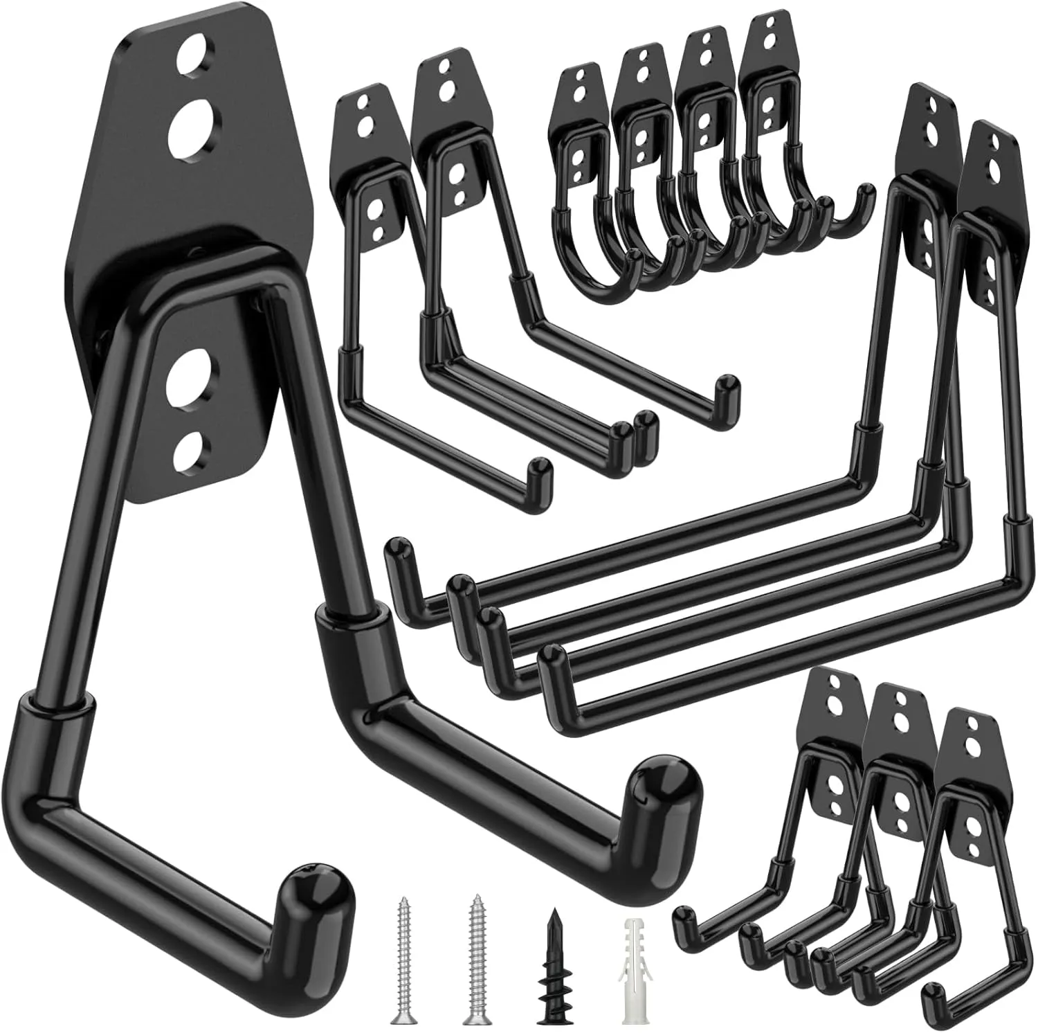 TICONN 12 Pack Heavy Duty Garage Hooks, Steel Utility Wall Storage Hooks, Wall Mount Hanger Organizer for Ladders, Bikes, Tools, Bulky Items (Black)