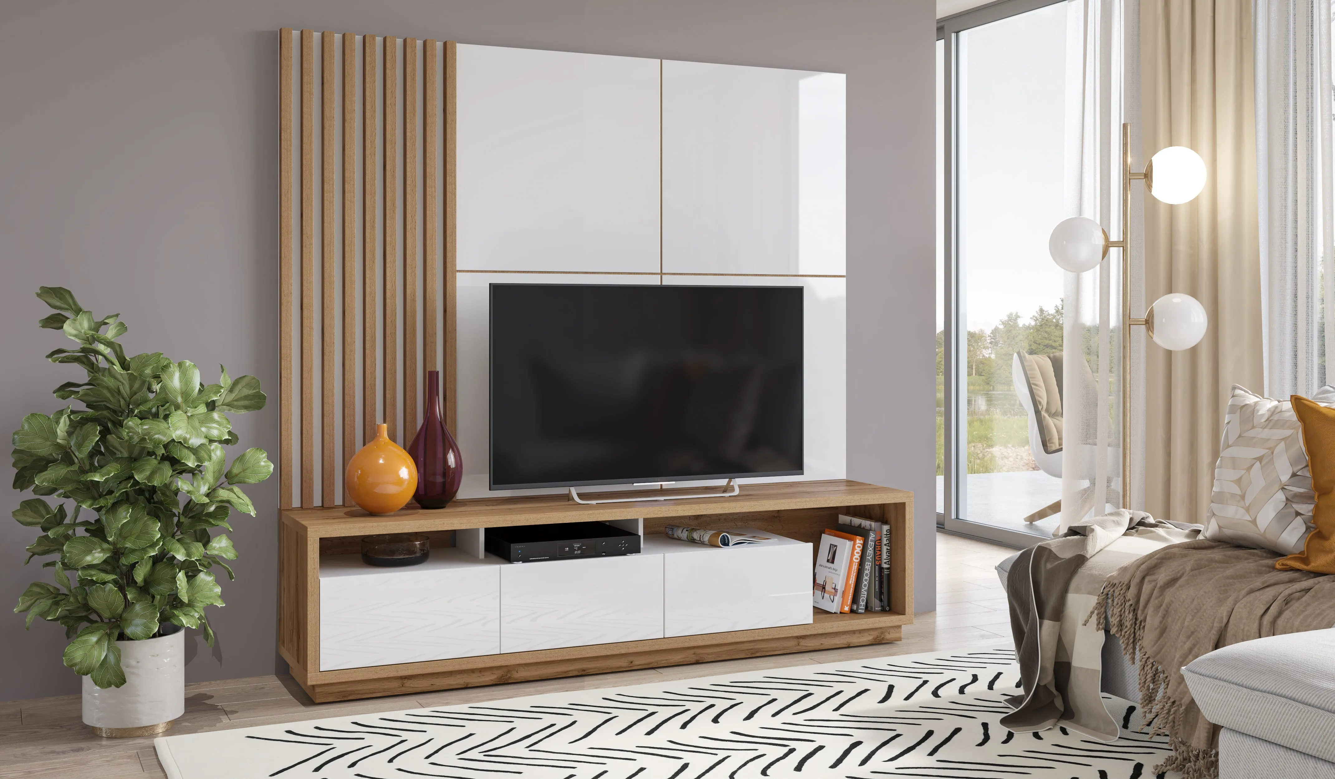 TV WALL UNIT CELINE 09 SLATWALL Wotan oak / white gloss